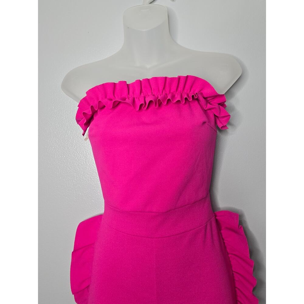 AKIRA Hot Pink Strapless Ruffled Side-Trim Jumpsuit - Picture 4 of 6
